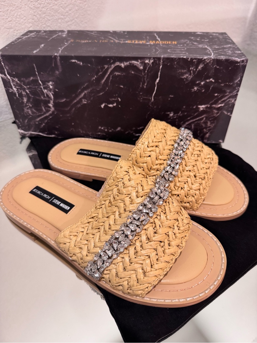 Jessica Rich by Steve Madden Natural Woven Slide Sandals with Crystal Accent